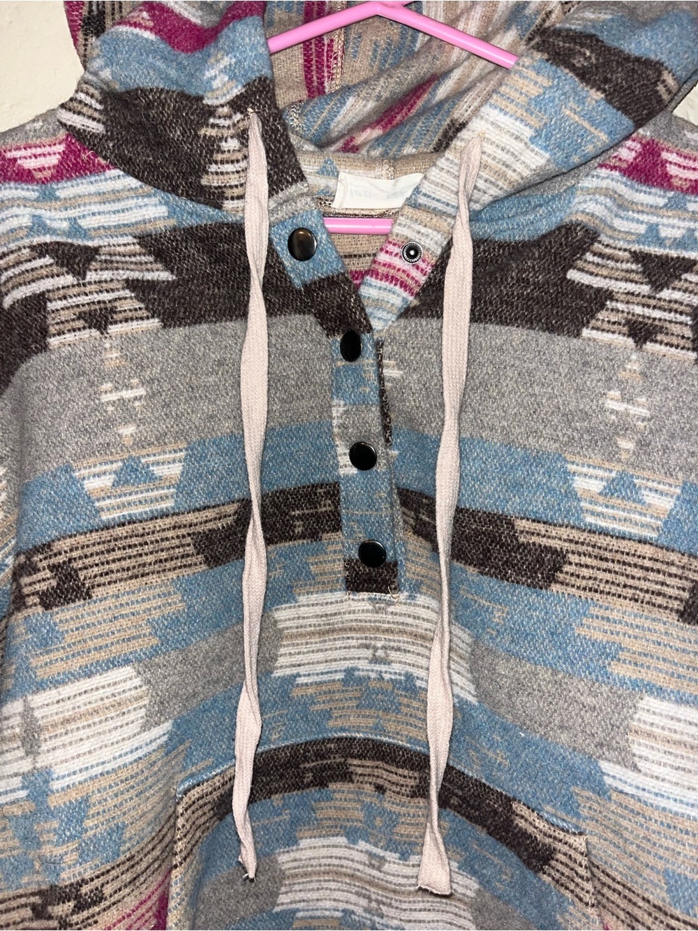 Aztec-Pattern Hooded Pullover Sweater in Gray, Blue & Pink - Picture 3 of 6